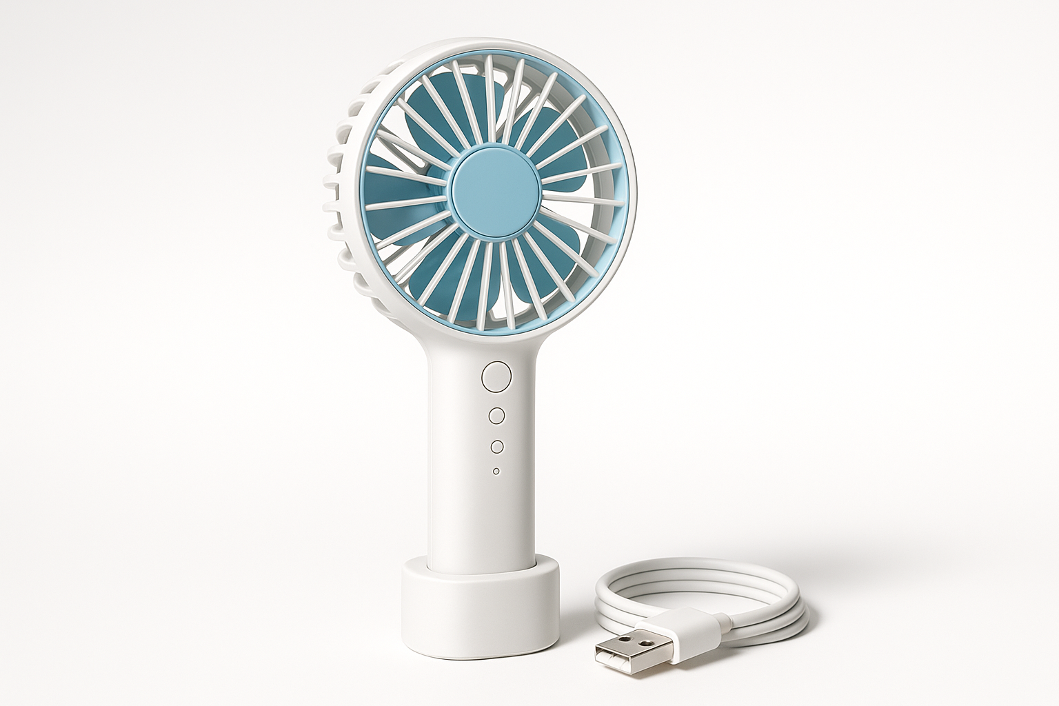 A modern portable handheld fan with USB charging cable, sleek white and blue design, 3 speed settings, compact and lightweight, professional product photography on white background