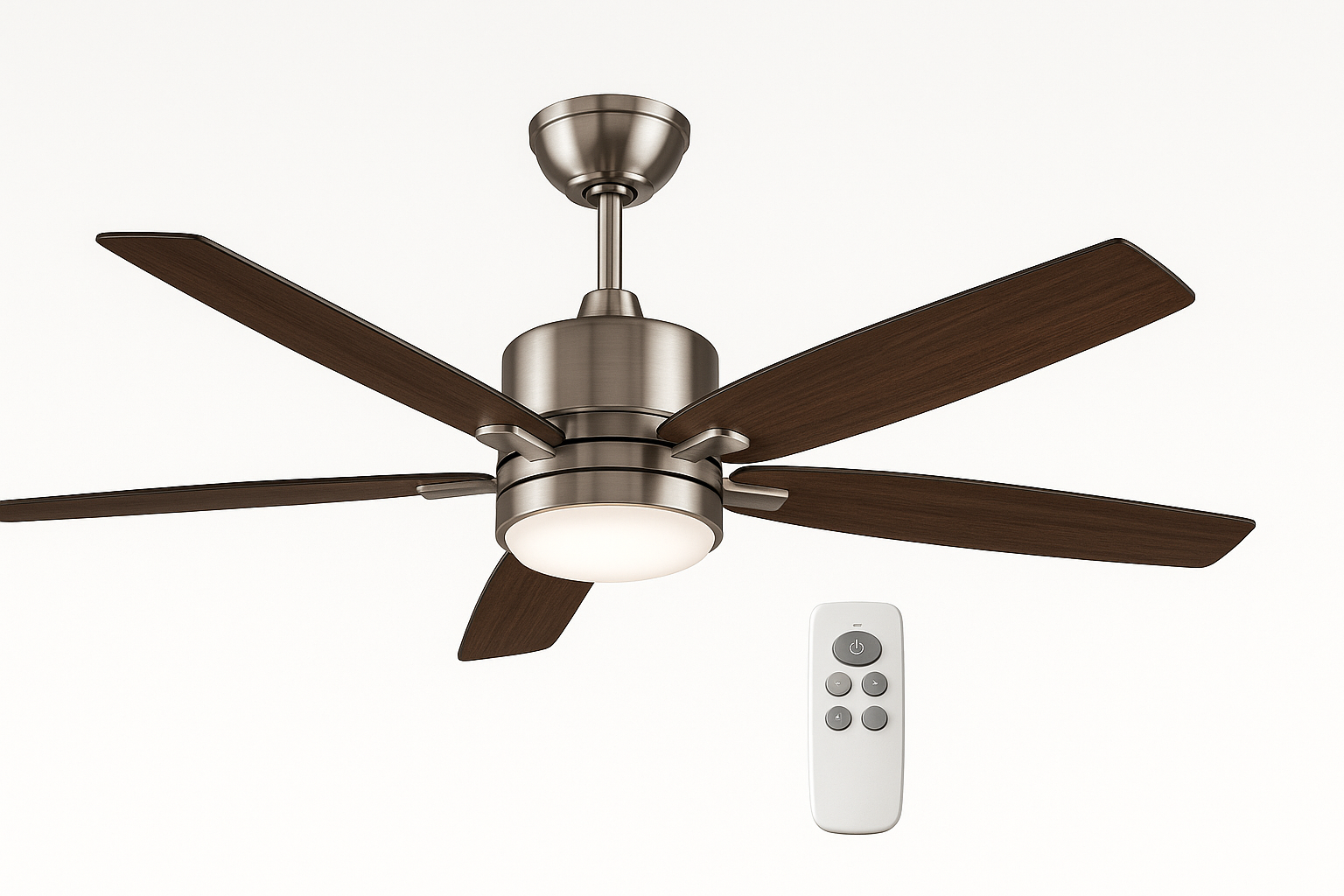 A premium 52-inch ceiling fan with integrated LED light, modern brushed nickel finish, 5 wooden blades in dark walnut color, sleek contemporary design, remote control included, professional product photography on white background, high-end residential ceiling fan
